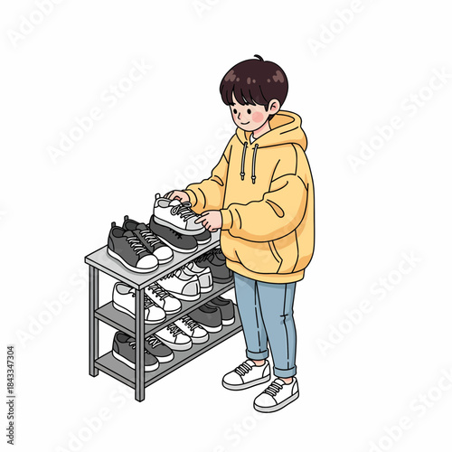 Young man in yellow hoodie diligently organizing his collection of sneakers on a tiered rack, showcasing a tidy daily routine and home organization