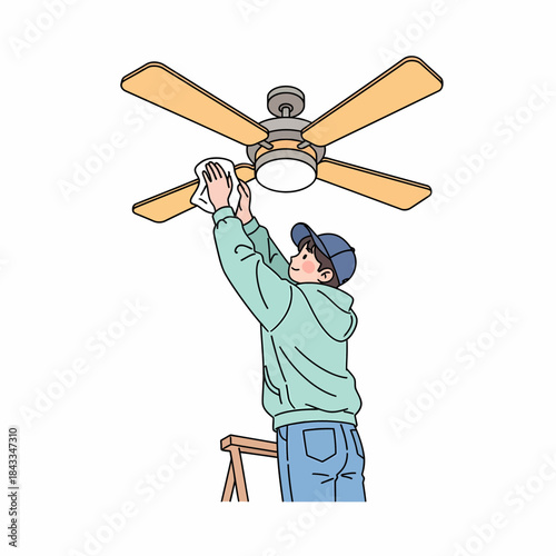 Young person diligently cleaning a dusty ceiling fan at home, performing household chores and maintenance tasks