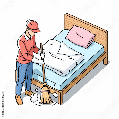 Housekeeper Sweeping Floor Next to a Bed with White Linens and Pink Pillow