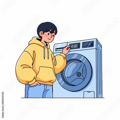 Engaged individual adjusting settings on a contemporary washing machine, managing household laundry tasks