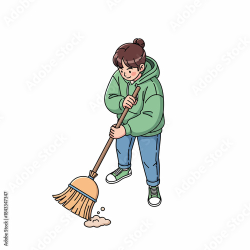 Person Sweeping Floor with Broom Illustration
