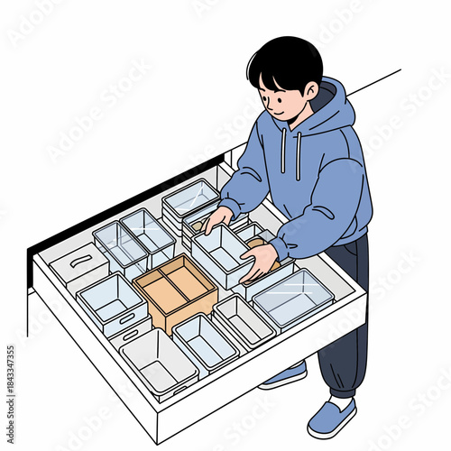 Boy organizing drawers with clear plastic storage containers, decluttering home space