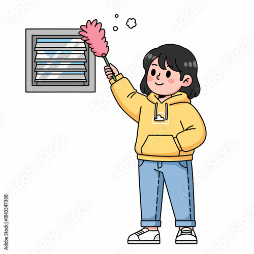 Cartoon girl with yellow hoodie cleaning window with feather duster, home hygiene illustration