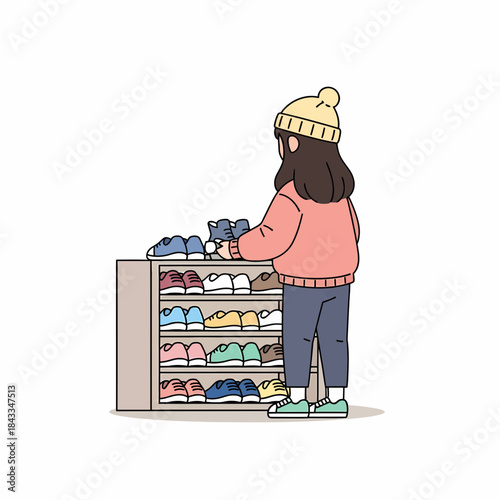 Woman choosing a pair of sneakers from a shoe rack in a casual setting