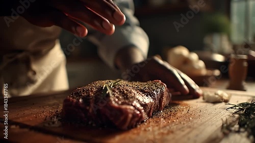 Cinematic close-up of a hand seasoning a raw steak with spices on a wooden board, preparing a gourmet meal in a warm home kitchen.