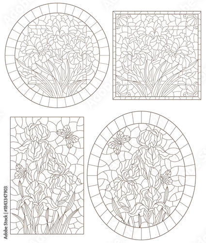 Set of contour illustrations of stained glass Windows with irises and butterflys, dark contours on a white background