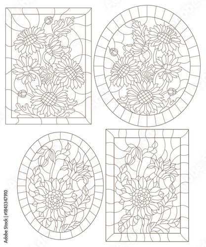 A set of contour illustrations in stained glass style with sunflower flowers, dark outlines on a white background