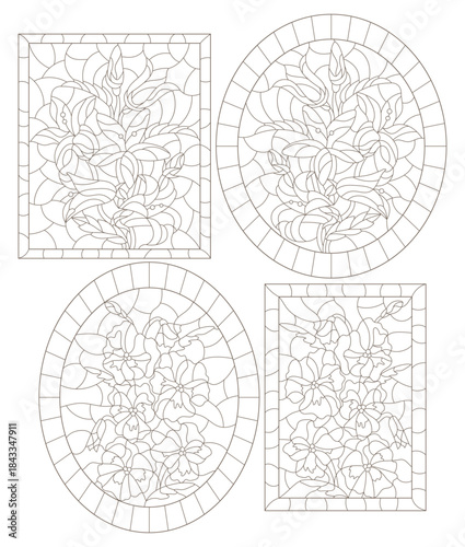 Set of contour illustrations in the style of stained glass with abstract flowers, dark outlines on a white background