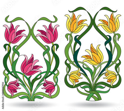 Set of stained glass illustrations with abstract colors, isolated on a white background