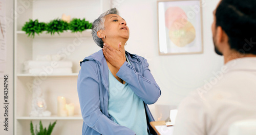 Fotografi Neck pain, physiotherapy and senior woman for consulting, wellness and rehabilitation