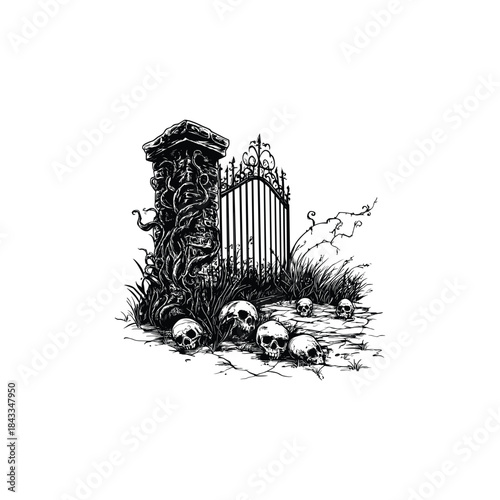 Dark and ominous illustration of an old, stone doorway overgrown with thorny vines and surrounded by a pile of human skulls