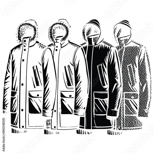 Men and women wearing stylish business and casual clothes including jackets, suits, shirts and trousers in a simple cartoon illustration