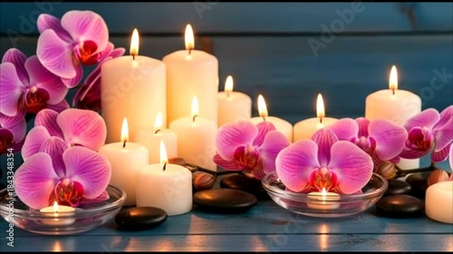 A beautiful spa composition with burning candles and blooming pink orchids on a blue wooden background.   AI generated.

