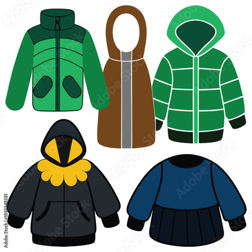 Men and women wearing stylish business and casual clothes including jackets, suits, shirts and trousers in a simple cartoon illustration