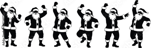 Black Silhouette Vector Set Illustrating Six Cheerful Santa Claus Characters in Dynamic and Enthusiastic Dancing Poses, Perfect for Christmas Party Invitations and Festive Design Assets, Isolated