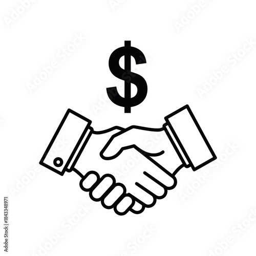 Minimalist black outline vector icon of a handshake with a dollar symbol, symbolizing business agreement, financial partnership, money transactions and deal conclusion. Isolated on a transparent backg