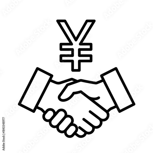 Minimalist black outline vector icon of a handshake with a Japanese yen symbol, symbolizing business agreement, financial partnership, negotiation and deal conclusion. Isolated on a transparent backgr