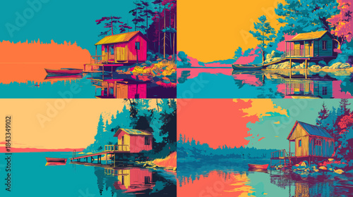 Vibrant pop art landscape illustration set featuring lakeside cabins, trees, and reflections in bold colors, ideal for posters, wall art, travel graphics, and creative outdoor themed designs.