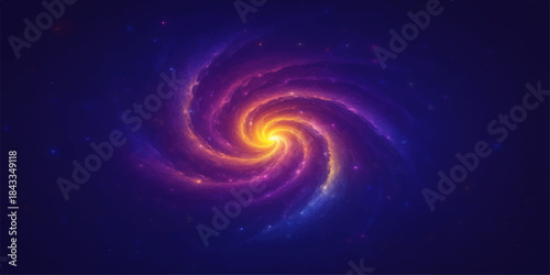 A swirling blue spiral galaxy illustration glows brightly against the black star-filled universe space backdrop