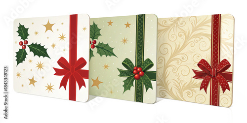 Realistic Christmas Gift Cards, White Cream Red Festive Greeting Templates, Semi-Realistic Vector Illustration
