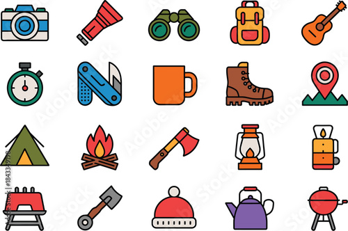 A clean vector icon set of outdoor camping and hiking essentials with black outlines, including a tent, bonfire, cooking gear, boots, and map pin, for various design projects.