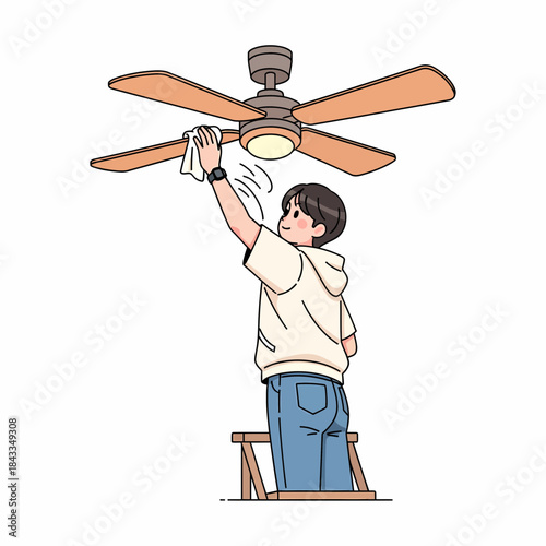 Young person committed to maintaining a spotless home environment, meticulously cleaning overhead ceiling fan