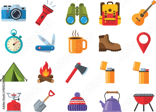 A vast collection of 20 colorful flat vector icons for outdoor camping, hiking, and travel, featuring a tent, campfire, camera, binoculars, cooking gear, and essential tools.