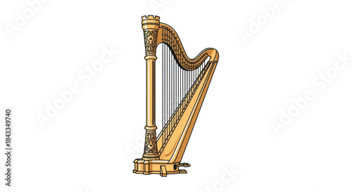 Elegant Golden Harp with Intricate Carvings and Many Strings.