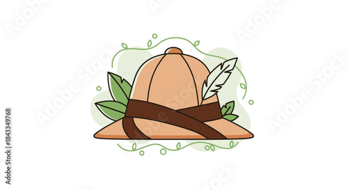 Cartoon Pith Helmet with Feather and Leaves Illustration.