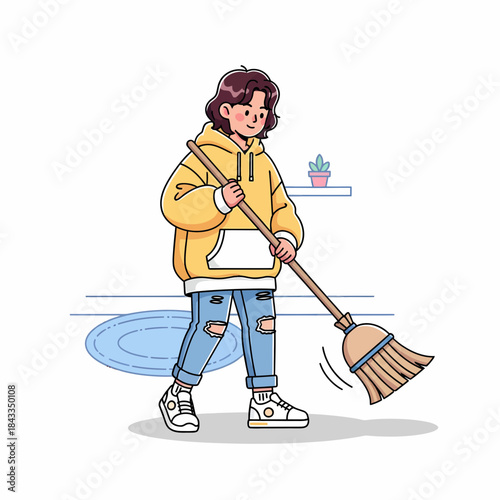 Illustration of a young person cleaning with a broom, promoting hygiene and tidiness