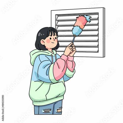 Cheerful young woman meticulously dusting window blinds with a vibrant feather duster, maintaining a pristine home environment
