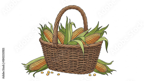 Brown Woven Basket Filled with Fresh Yellow Corn on White Background