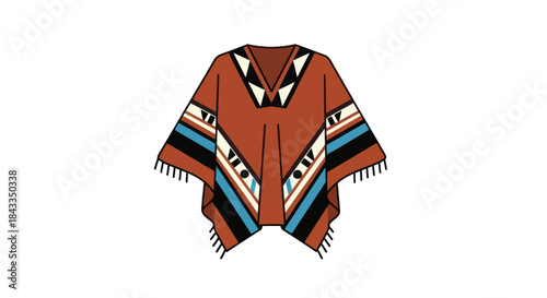 A brown fringed poncho featuring a colorful geometric Southwestern tribal pattern.