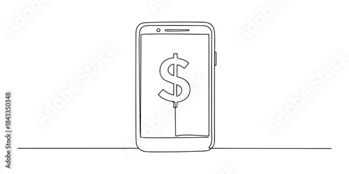 Continuous one line of a smartphone with dollar icon, about money and materialism, hand drawn vector illustration.