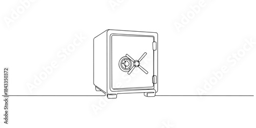 Continuous one line of a safe box, art of money and materialism hand drawn vector illustration.