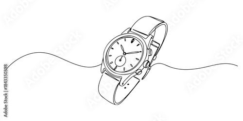 Continuous one line of a luxury watch, minimalist art about money and materialism art, hand drawn vector illustration.