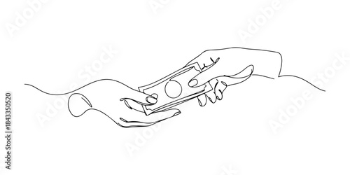 Continuous one line of a two hands exchanging money, art of money and minimalist materialism, hand drawn vector illustration.