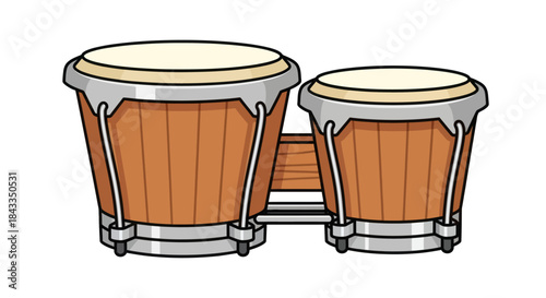A pair of wooden bongo drums with metal rims and white drumheads.