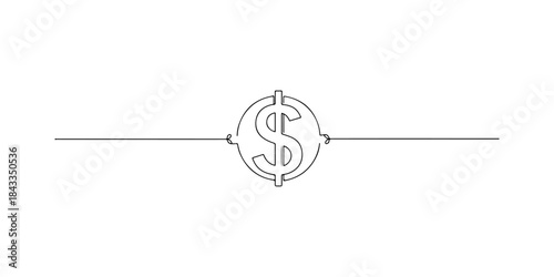 Continuous one line of a dollar sign merging into a circle, elegant minimalist art of money and materialism, hand drawn vector illustration.