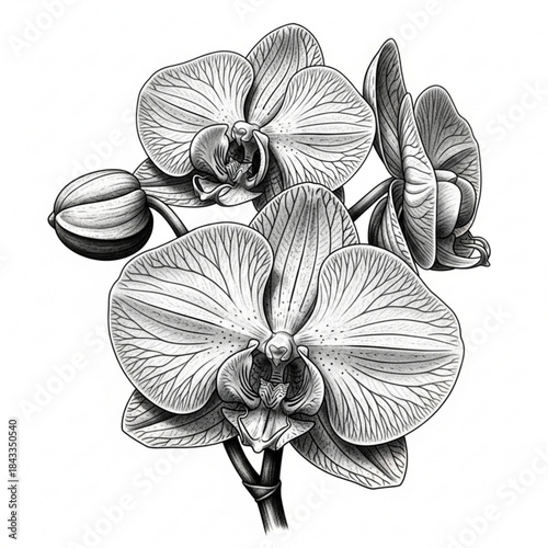 Orchid Elegance: A delicate, hand-drawn illustration captures the exquisite beauty of an orchid, with its intricate petals and graceful form.