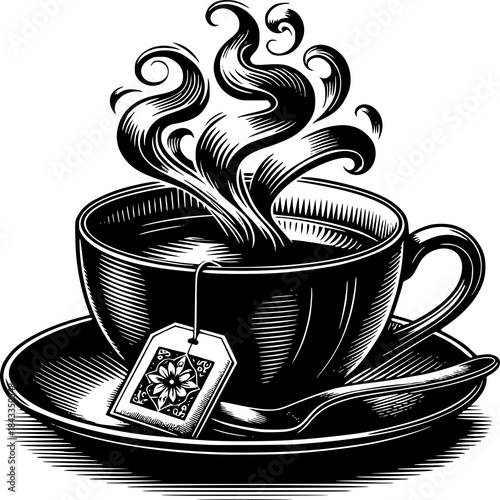 Tea cup Serenity: A delicate porcelain teacup, overflowing with steaming tea, exudes a sense of calm and ritual. A tea bag delicately dangles, enhancing the image of an afternoon moment.