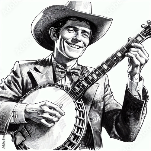 Melody of a Smile: A joyful musician in a cowboy hat and bow tie strums a banjo, creating a captivating scene of musical expression.