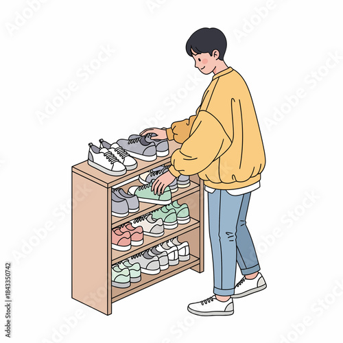 Young man meticulously organizing his casual footwear collection on a multi-tiered shoe rack, promoting home tidiness and daily routine