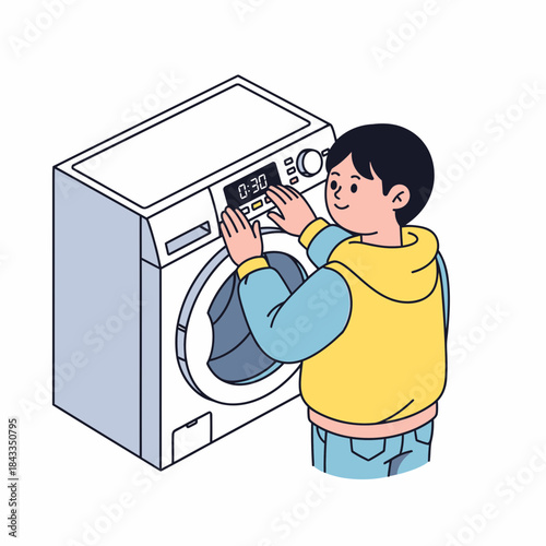 Boy operating a modern washing machine with digital display, laundry room setup