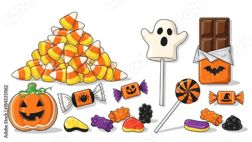 Halloween Candy and Sweets with Pumpkin on White