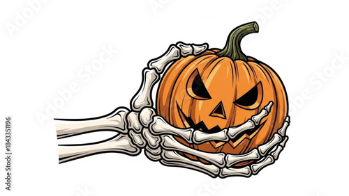 Skeleton Hand Holding Angry Orange Halloween Pumpkin on White