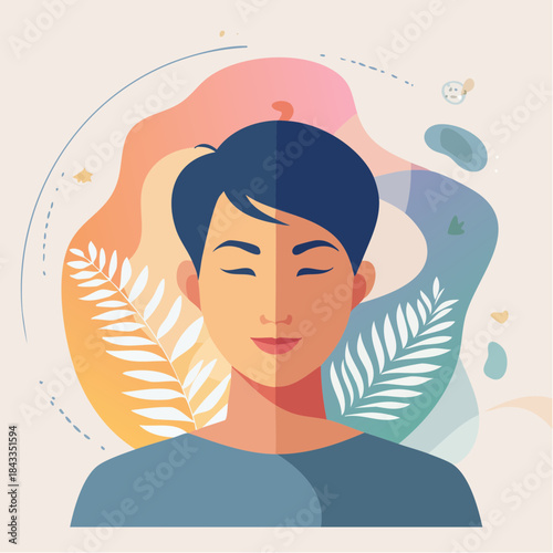 Serene Contemplation: An illustration of a calm person with closed eyes, set against an abstract backdrop of soft colors, reflecting peace and mindfulness. 