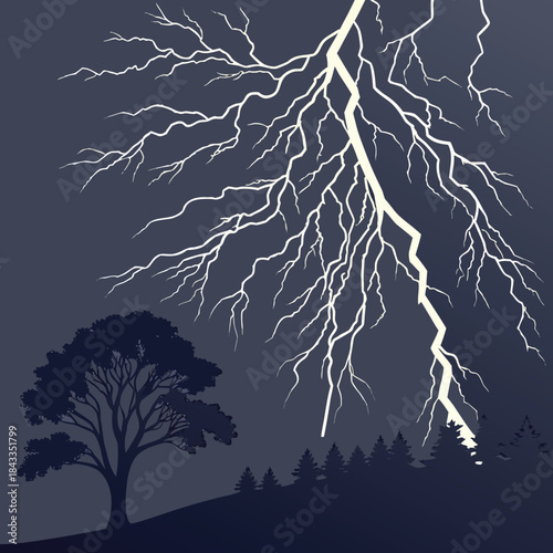 Dramatic Vector Lightning Strike in Night Forest Silhouette Scene