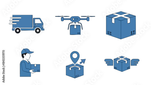 E commerce Logistics Delivery Icons Truck Drone Courier Parcel Tracking Shipping Services Set