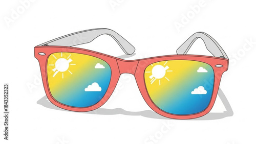 Red Sunglasses with Yellow Blue Gradient Lenses and Sun Clouds
